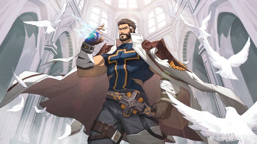 1boy absurdres akunaakun_(kunkun586586) bara beard brown_hair cowboy_shot cross dnf_duel dungeon_and_fighter facial_hair full_beard highres large_pectorals looking_at_viewer male_focus male_priest_(dungeon_and_fighter) mature_male multicolored_hair muscular muscular_male pectorals saint_(dungeon_and_fighter) serious shirt solo standing streaked_hair thick_arms thick_beard thick_eyebrows thick_thighs thighs torn_clothes torn_shirt