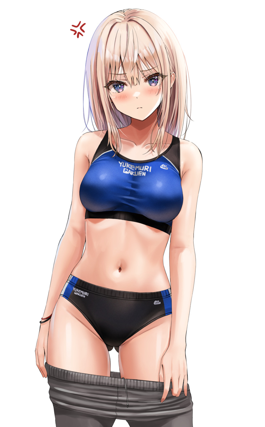 1girl absurdres anger_vein annoyed black_buruma blue_eyes blue_sports_bra breasts buruma clothes_pull commentary_request grey_pants highres looking_at_viewer medium_breasts navel original paid_reward_available pants pants_pull solo sports_bikini sports_bra stomach track_and_field track_pants track_uniform undressing white_background white_hair yukemuriganmo