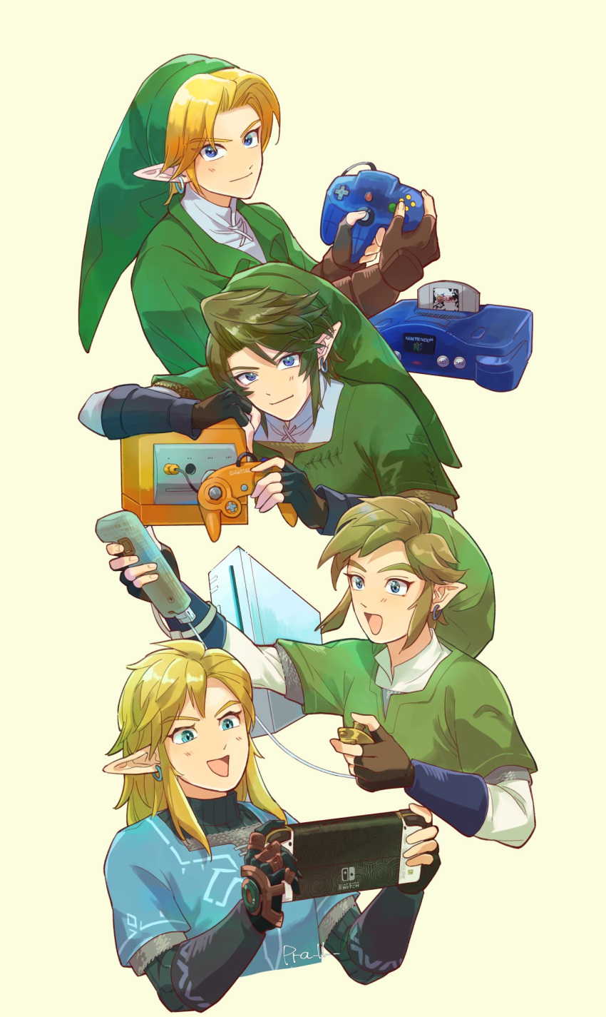 4boys :d arm_up artist_name black_gloves blonde_hair blue_eyes blue_tunic brown_gloves closed_mouth commentary_request controller cropped_torso earrings fingerless_gloves game_cartridge game_console game_controller gamecube gamecube_controller gloves green_headwear green_tunic handheld_game_console hands_up hat highres holding holding_controller holding_game_controller holding_handheld_game_console jewelry layered_sleeves link long_hair long_sleeves looking_at_viewer multiple_boys nintendo_64 nintendo_64_controller nintendo_switch open_mouth outstretched_arm parted_bangs pointy_ears pra_11 ribbed_sweater shirt short_hair short_over_long_sleeves short_sleeves sidelocks simple_background smile sweater the_legend_of_zelda the_legend_of_zelda:_ocarina_of_time the_legend_of_zelda:_skyward_sword the_legend_of_zelda:_tears_of_the_kingdom the_legend_of_zelda:_twilight_princess tunic turtleneck turtleneck_sweater upper_body v-shaped_eyebrows white_shirt wii wii_remote yellow_background