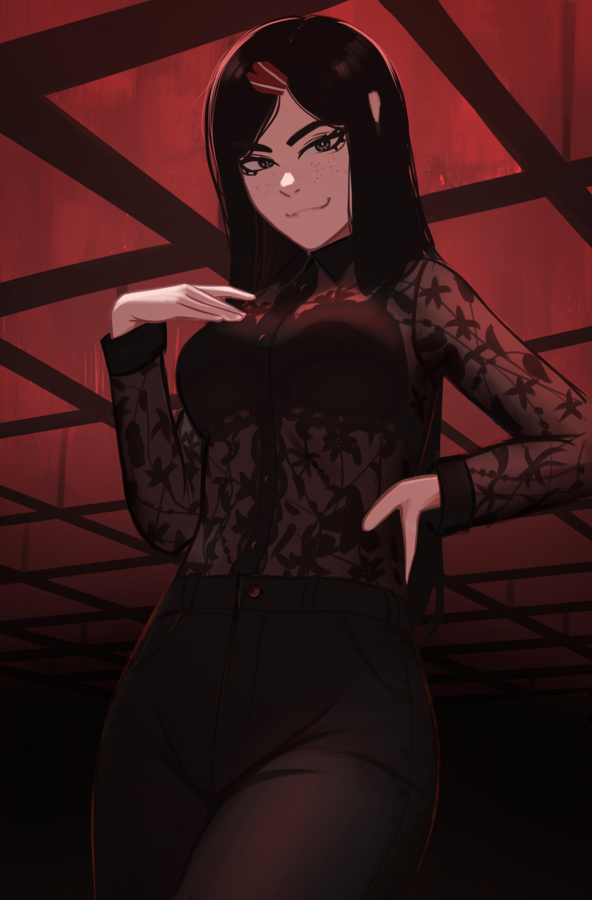 1girl absurdres black_eyes black_hair black_pants breasts commentary freckles hair_ornament hairclip hand_on_own_hip highres long_hair medium_breasts original pants see-through see-through_shirt solo veyonis
