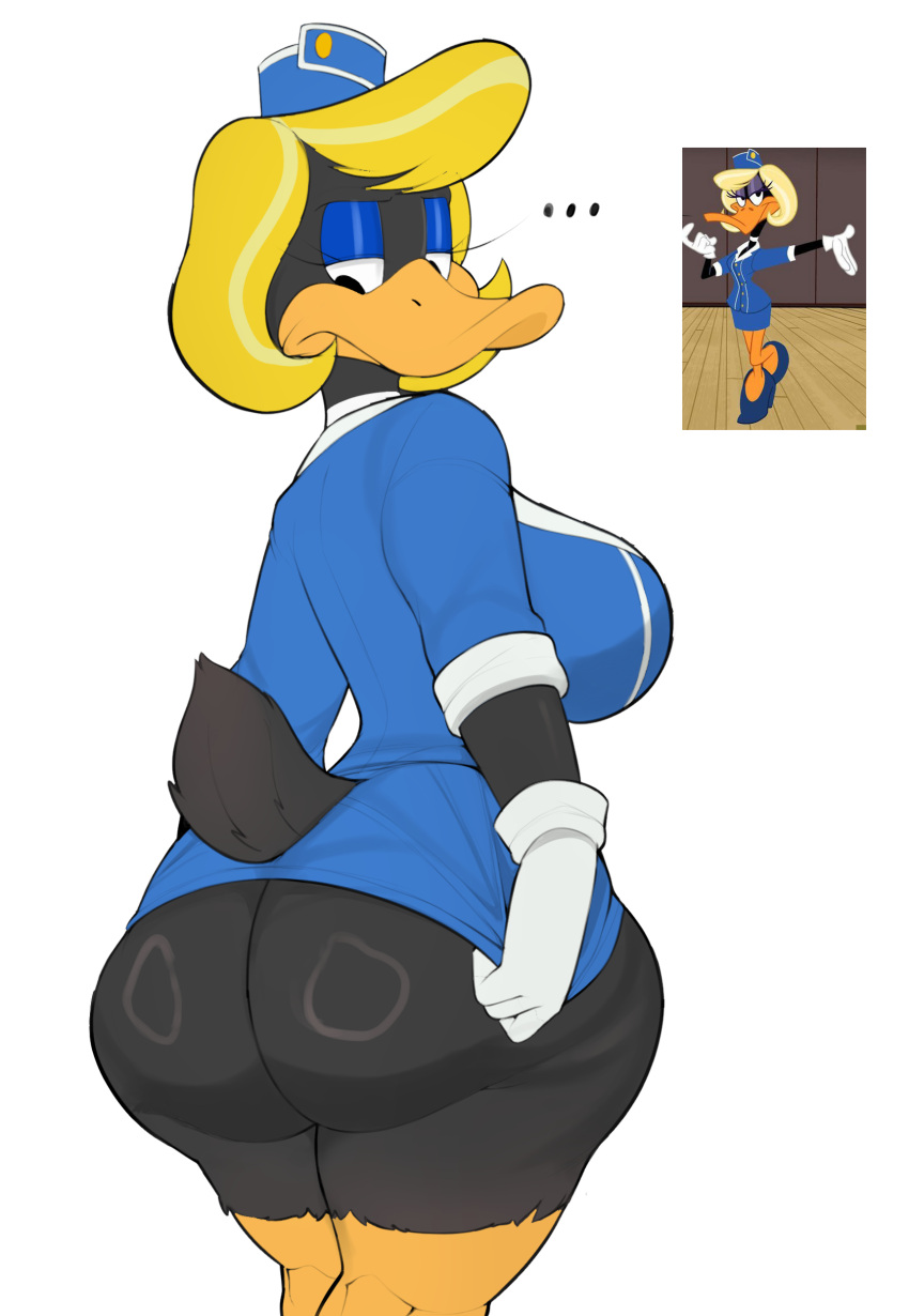 absurd_res anatid anseriform anthro avian big_butt bird blonde_hair bottomless breasts butt clothed clothing crossgender daffy_duck duck eyeshadow female hair hi_res huge_butt looking_back looney_tunes makeup mtf_crossgender solo usnarbit warner_brothers