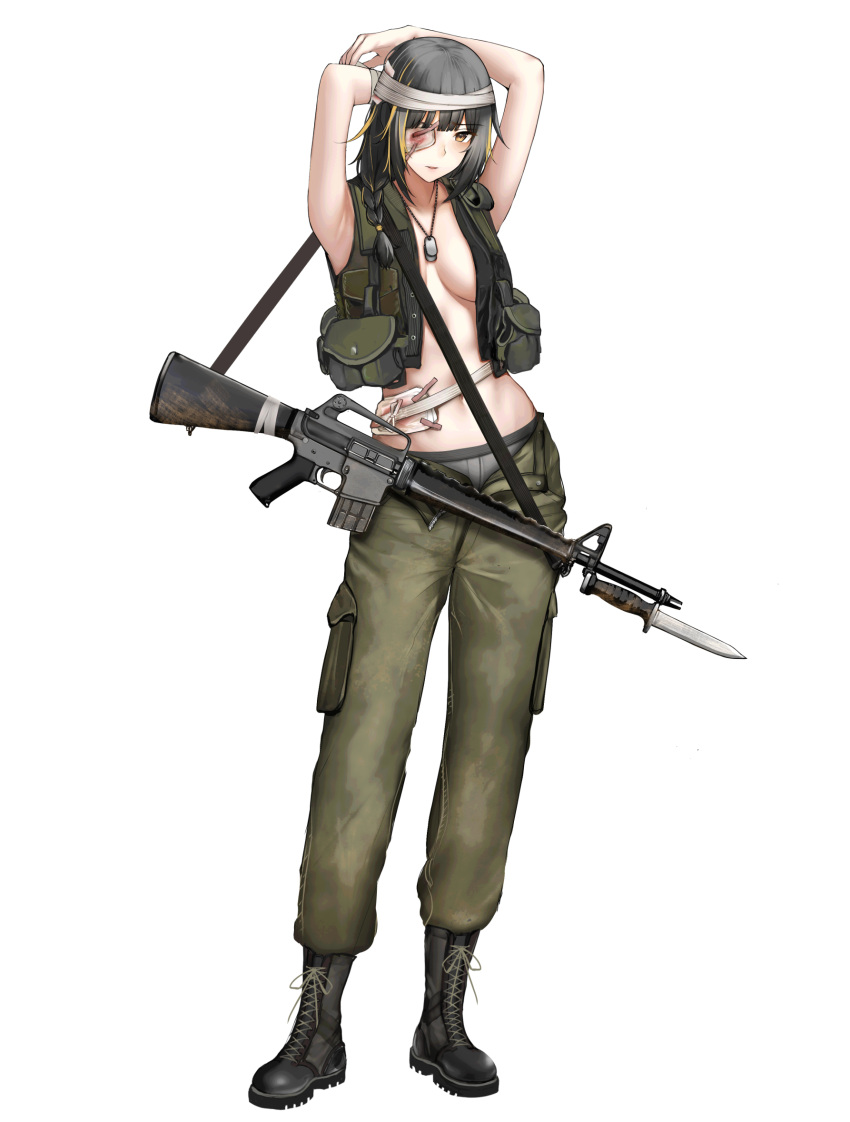 1girl alternate_costume arms_behind_head assault_rifle bandaged_head bandages bandaid_on_eye bandaid_on_stomach bayonet black_footwear black_hair blonde_hair boots breasts dog_tags full_body girls'_frontline green_pants green_vest grey_panties gun gun_sling highres kitsune_udon_(ai_br) long_hair looking_at_viewer m16 m16a1 m16a1_(girls'_frontline) military_uniform multicolored_hair orange_eyes panties pants parted_lips pouch rifle solo streaked_hair underwear uniform vest weapon white_background