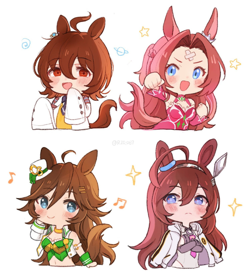 agnes_tachyon_(umamusume) ahoge animal_ears blue_eyes blush bow braid breasts brown_hair dress ear_ornament earrings green_eyes hair_between_eyes hair_intakes hair_ornament hairband hairclip hat highres horse_ears horse_girl horse_tail jacket jewelry kawakami_princess_(umamusume) lab_coat long_hair long_sleeves looking_at_viewer mihono_bourbon_(umamusume) mini_hat mini_top_hat mr._c.b._(umamusume) multiple_girls necktie open_mouth red_eyes rio_(rio_067) shirt short_hair single_earring skirt sleeves_past_fingers sleeves_past_wrists smile tail top_hat umamusume