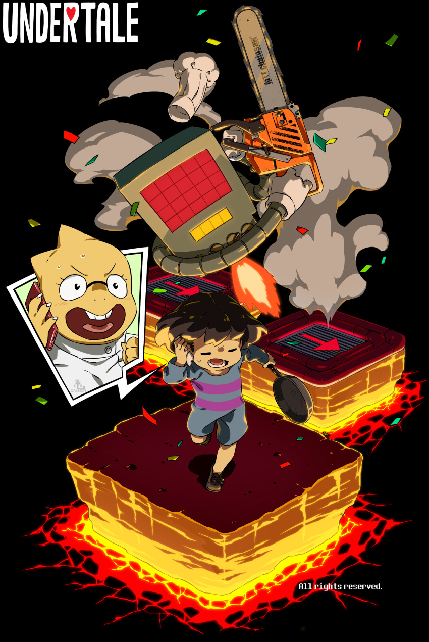 1girl 1other =_= absurdres alphys androgynous arrow_(symbol) black_background brown_footwear brown_hair cel_shading chainsaw chasing chef_hat child closed_eyes confetti copyright_name floating frisk_(undertale) from_above frying_pan full_body hat highres holding holding_chainsaw holding_frying_pan holding_phone kamezaemon lava open_mouth phone robot romper running shoes short_hair simple_background smoke spoken_character sweat talking_on_phone undertale wide_shot