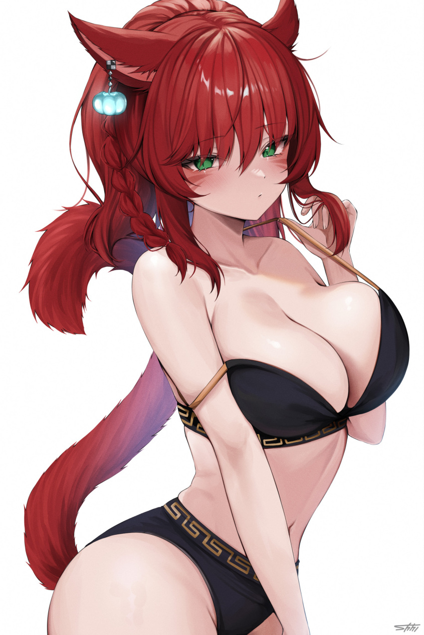 1girl animal_ears bare_shoulders black_bra black_panties bra braid breasts cat_day cat_ears cat_girl cat_tail cleavage closed_mouth commentary ear_ornament expressionless facial_mark final_fantasy final_fantasy_xiv green_eyes hair_between_eyes highres large_breasts long_hair looking_at_viewer miqo'te navel panties red_hair shhilee sidelocks signature simple_background solo strap_lift strap_slip tail underwear warrior_of_light_(ff14) whisker_markings white_background wide_ponytail