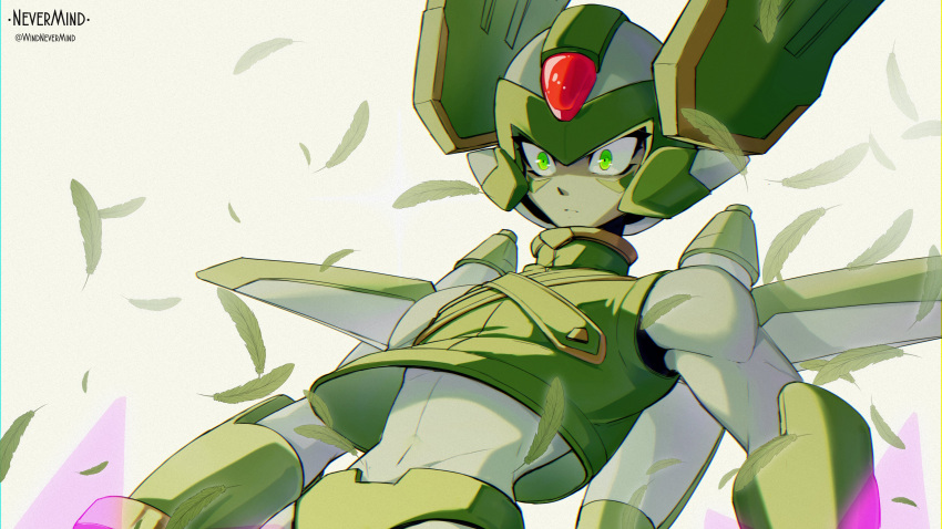 1boy absurdres bodysuit bodysuit_under_clothes crop_top crotch_plate dual_wielding energy_sword facial_mark feathers green_eyes helmet highres holding holding_sword holding_weapon mechanical_wings mega_man_(series) mega_man_zero_(series) sage_harpuia_(mega_man) simple_background solo sword upper_body weapon white_bodysuit windnevermind wings