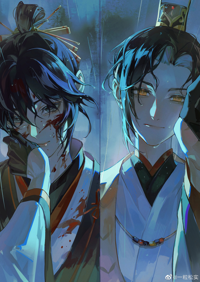 2boys a_chan_(code:_kite) absurdres bead_necklace beads bishounen black_gloves black_undershirt blood blood_on_cheek blood_on_face character_request chinese_clothes chinese_hairpin closed_mouth cloud cloudy_sky code:_kite collared_shirt gloves green_robe half-closed_eyes hand_on_another's_cheek hand_on_another's_face hand_on_another's_head hanfu highres jewelry light_smile long_sleeves looking_at_viewer male_focus matsuko0826 multiple_boys necklace open_clothes open_robe pink_lips pov rain robe shirt sky split_theme upper_body watermark weibo_logo weibo_username wet white_shirt white_sleeves wide_sleeves yellow_eyes