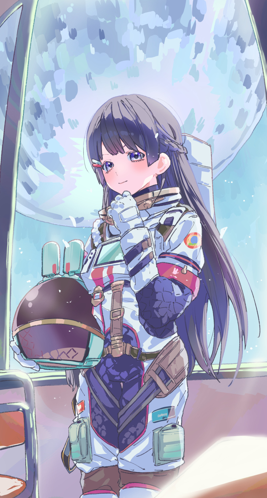 1girl absurdres armband astronaut braid chair gloves hair_ornament hairclip hand_on_own_chin helmet highres holding holding_helmet long_hair long_sleeves looking_at_viewer mechanical_ears moon nijisanji official_alternate_costume purple_eyes purple_hair red_armband screen single_braid spacesuit standing tsukino_mito tsukino_mito_(16th_costume) unworn_headwear unworn_helmet v-shaped_eyebrows valentine_(02140314c) virtual_youtuber white_gloves