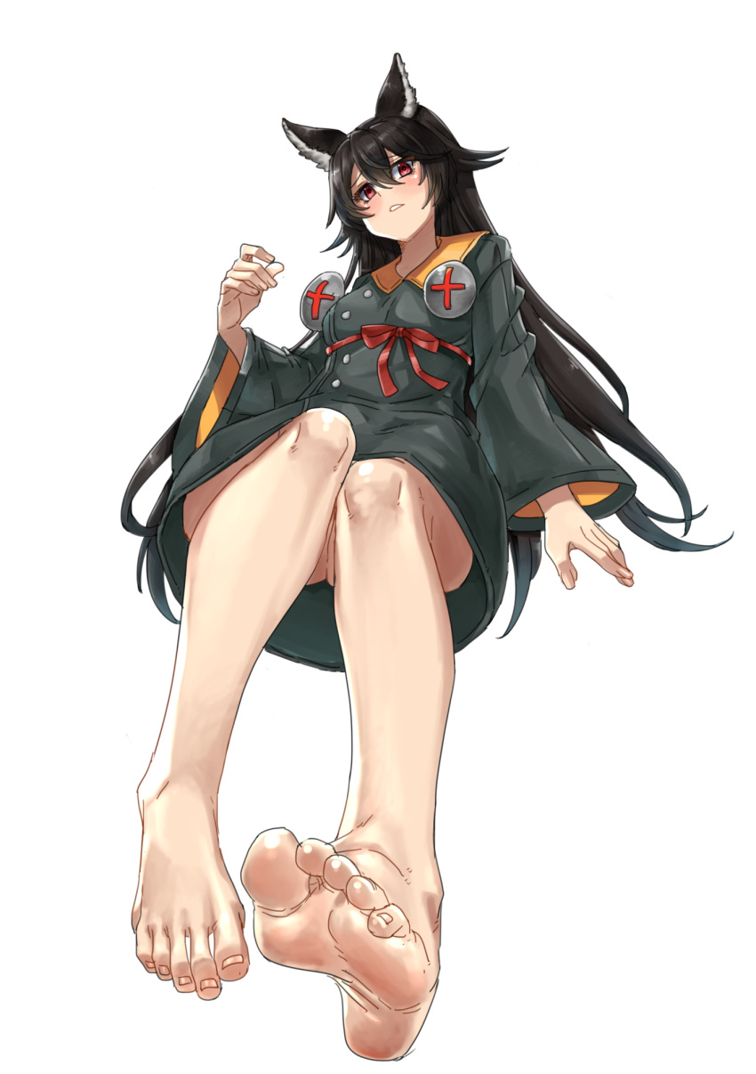 1girl animal_ear_fluff animal_ears bare_legs barefoot black_hair bolt cosplay delilah_(guilty_gear) delilah_(guilty_gear)_(cosplay) dress eiji_(eiji) erune feet foot_focus foreshortening full_body granblue_fantasy granblue_fantasy_versus:_rising guilty_gear guilty_gear_strive hair_between_eyes highres looking_at_viewer nier_(granblue_fantasy) red_eyes red_ribbon ribbon simple_background solo white_background wide_sleeves wolf_ears