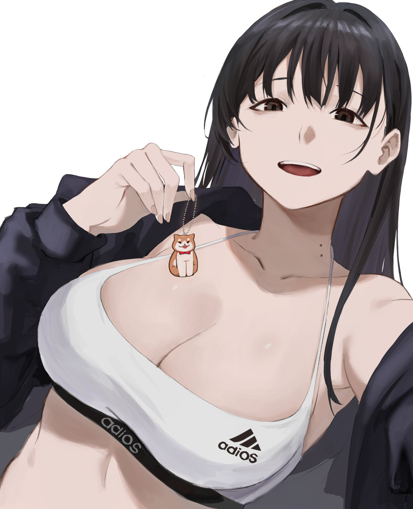 1girl absurdres animal_keychain black_hair black_sweater boku_no_kokoro_no_yabai_yatsu brand_name_imitation breasts brown_eyes cleavage highres hood hooded_sweater keychain kibooouu large_breasts long_hair mole mole_on_neck simple_background solo sports_bra sweater white_background white_sports_bra yamada_anna