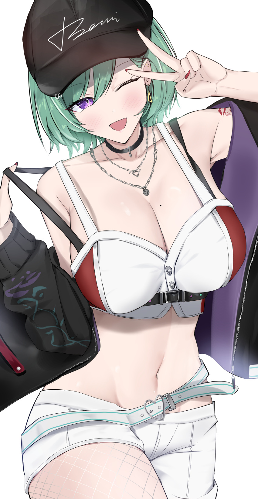 1girl ;d absurdres arm_up armpits bare_shoulders baseball_cap belt black_choker black_headwear black_jacket bra_strap breasts buttons choker cleavage collarbone cowboy_shot crop_top fishnet_pantyhose fishnets green_hair hat highres jacket jewelry large_breasts long_sleeves looking_at_viewer loose_belt midriff mole mole_on_breast nail_polish navel necklace off_shoulder one_eye_closed open_clothes open_jacket pantyhose pulled_by_self purple_eyes red_nails shirt short_hair short_shorts shorts shoulder_tattoo sleeveless sleeveless_shirt smile solo stomach strap_gap strap_pull tattoo v virtual_youtuber vspo! white_shirt white_shorts yakumo_beni yuki_daruma404