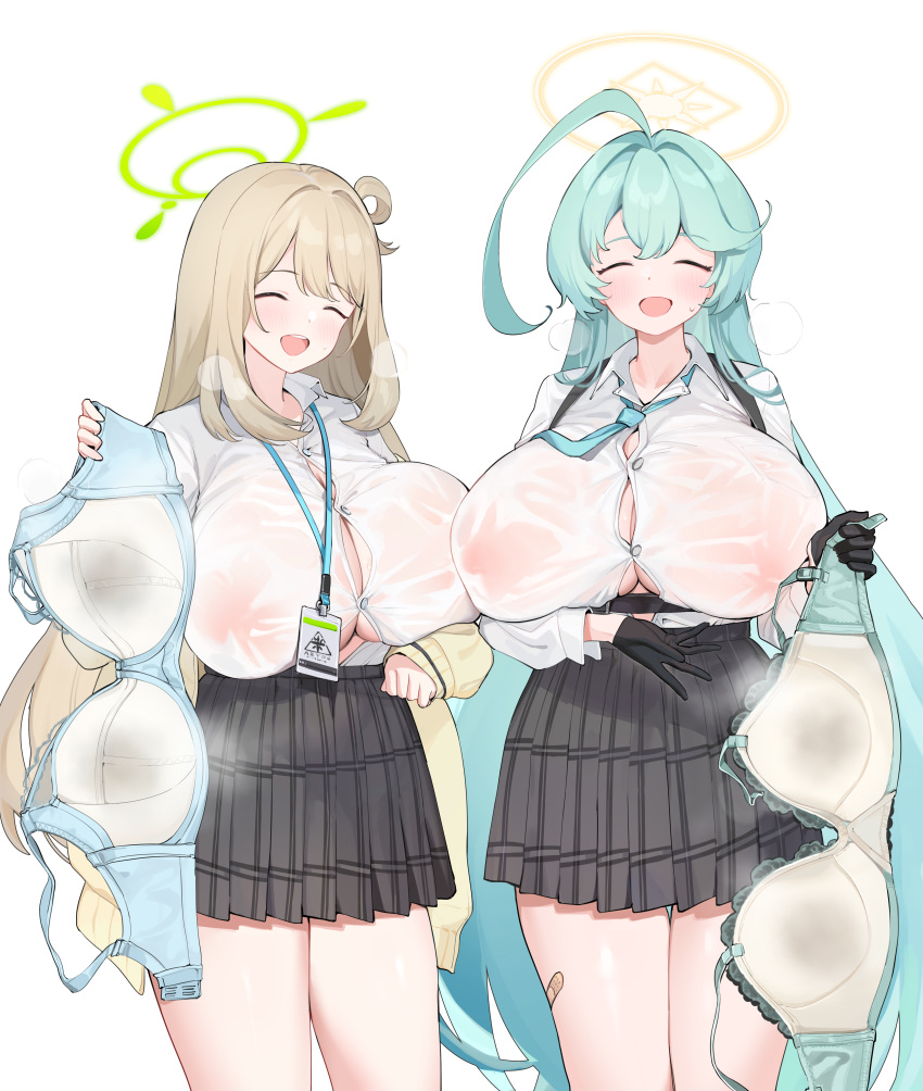 2girls ^_^ absurdres ahoge aqua_hair black_gloves black_skirt blue_archive blue_necktie bra breasts chest_harness closed_eyes covered_nipples djheycha gigantic_breasts gloves green_halo halo harness highres holding holding_bra holding_clothes holding_underwear huge_ahoge id_card lanyard light_brown_hair long_hair long_sleeves multiple_girls necktie nonomi_(blue_archive) plaid plaid_skirt pleated_skirt school_uniform shirt shirt_tucked_in simple_background skirt sweaty_clothes underwear very_long_hair white_background white_shirt yellow_halo yume_(blue_archive)