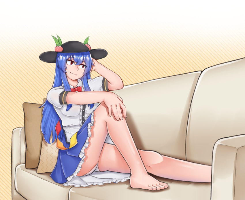 1girl :3 apron averageairhead barefoot black_headwear blue_hair blue_skirt bow bowtie center_frills commentary commission couch english_commentary frilled_skirt frills fruit_hat_ornament hat highres hinanawi_tenshi long_hair panties peach_hat_ornament puffy_short_sleeves puffy_sleeves rainbow_gradient rainbow_order red_bow red_bowtie red_eyes shirt short_sleeves sitting skirt solo touhou underwear variant_set white_apron white_panties white_shirt yellow_background