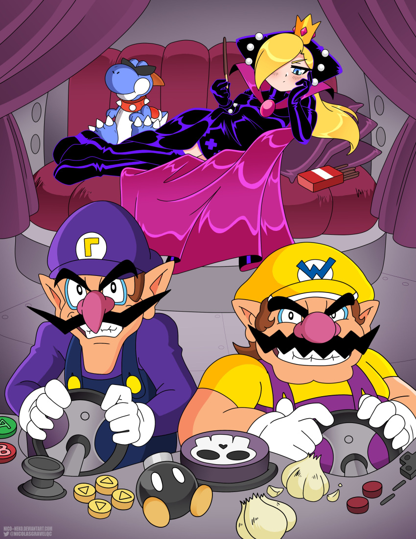 1girl 2boys absurdres animal_ears big_nose black_cape black_dress black_gloves blonde_hair blue_eyes blue_overalls bob-omb bored boshi_(super_mario_rpg) bracelet brown_hair cabbie_hat cape character_doll cleft_chin couch crown dress driving elbow_gloves facial_hair food full_body game_console garlic gloves grin hat highres holding holding_food hooded_dress initial jewelry latex latex_dress leather_dress letter_print light_blush long_hair long_sleeves looking_at_viewer lying mario_(series) mario_power_tennis mario_tennis mini_crown multiple_boys mustache nes nico-neko nintendo_64_controller on_couch on_side overalls parody pillow pink_nose pocky pointy_ears purple_curtains purple_headwear purple_overalls purple_shirt shirt short_hair short_sleeves skull smile spiked_bracelet spikes super_mario_rpg teeth waluigi wario warupeach white_gloves yatterman yellow_headwear yellow_shirt