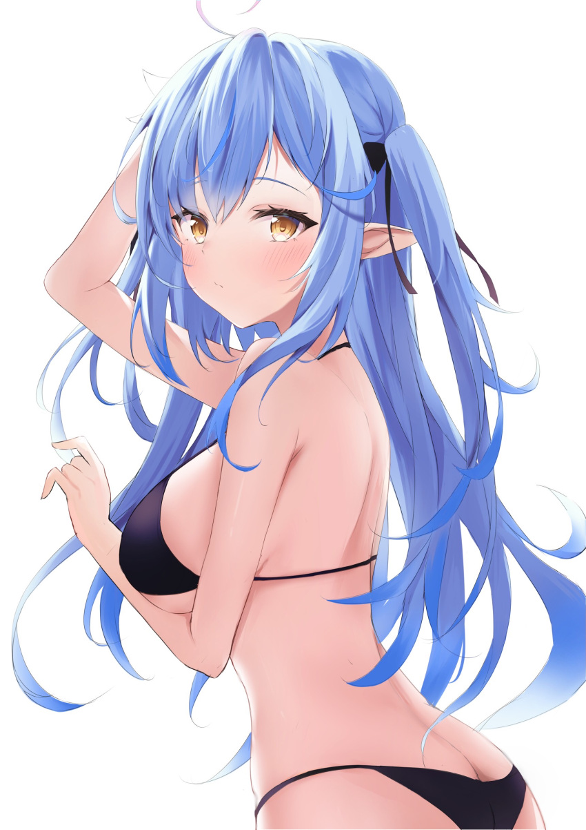 1girl absurdres ahoge bikini black_bikini black_ribbon blue_hair blush breasts butt_crack cilu_shinomori commentary cowboy_shot double-parted_bangs from_side hair_between_eyes hair_ribbon halterneck highres hololive large_breasts long_hair looking_at_viewer multicolored_hair official_alternate_hairstyle pointy_ears ribbon sideboob solo streaked_hair string_bikini swimsuit two_side_up very_long_hair virtual_youtuber yellow_eyes yukihana_lamy