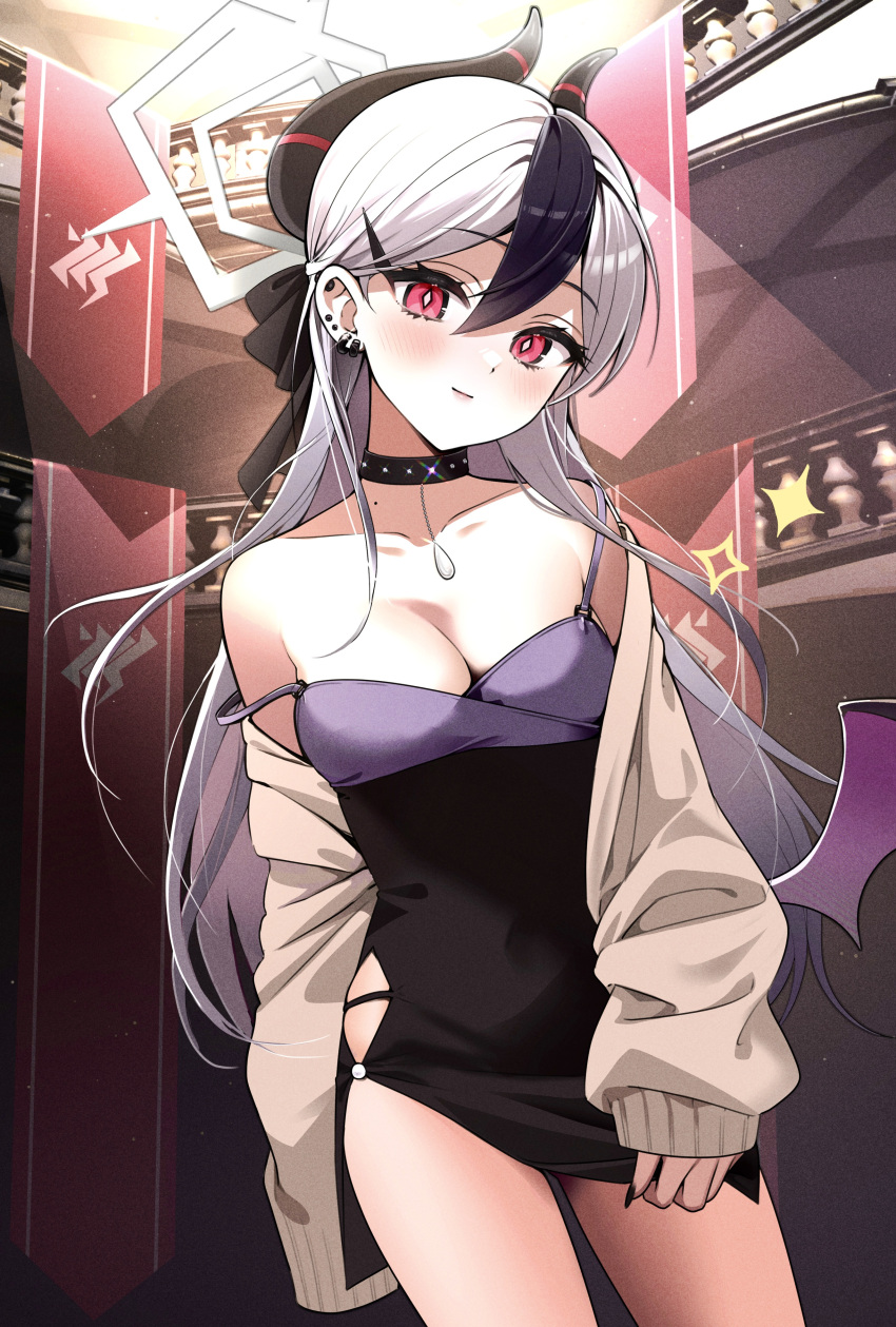 1girl absurdres black_dress black_hair black_horns blue_archive breasts cowboy_shot demon_horns dress grey_hair grey_jacket highres horns jacket kayoko_(blue_archive) kayoko_(dress)_(blue_archive) long_hair long_sleeves multicolored_hair official_alternate_costume open_clothes open_jacket red_eyes solo tate_yukimi