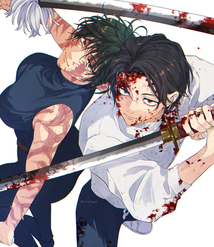 1boy 1girl absurdres black_hair blood blood_on_face burn_scar fu1gur green_hair grey_eyes highres holding holding_sword holding_weapon jujutsu_kaisen katana okkotsu_yuuta scar short_hair simple_background sword weapon white_background yellow_eyes zen'in_maki