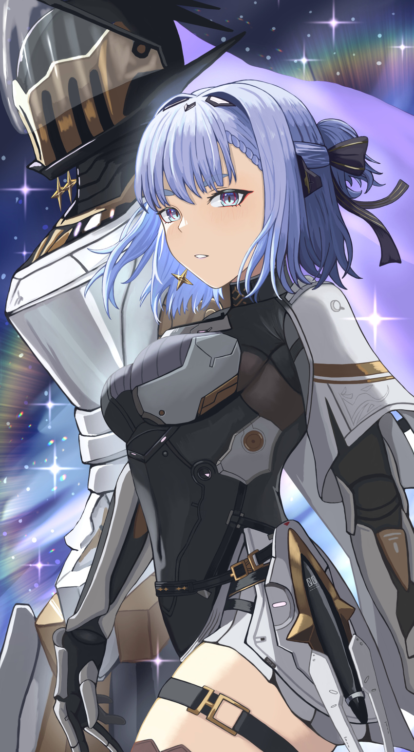 1girl 1other absurdres alisa_(punishing:_gray_raven) black_bodysuit black_ribbon blue_eyes blue_hair bodysuit braid braided_bangs center-flap_bangs earrings hair_intakes hair_ribbon helm helmet highres humanoid_robot jewelry mechanical_arms mechanical_parts medium_hair parted_lips punishing:_gray_raven ribbon ringed_eyes robot sidelocks star_(symbol) star_earrings thigh_strap yuzexit565