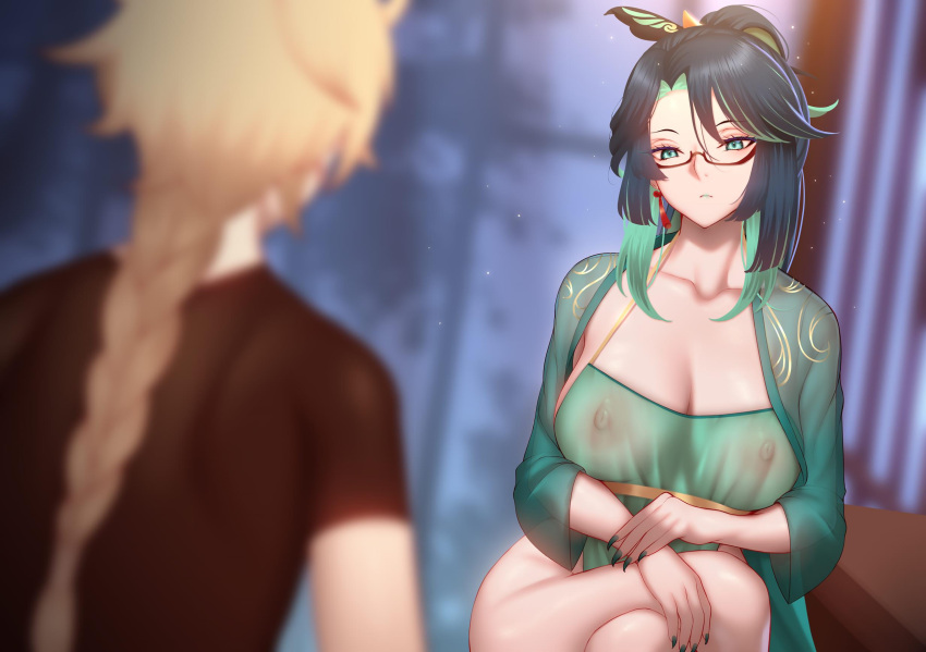 1boy 1girl aether_(genshin_impact) alternate_costume aqua_eyes aqua_lips black_hair blonde_hair braid breasts chinese_hairpin colored_inner_hair earrings genkung genshin_impact glasses green_hair hair_ornament highres jewelry large_breasts long_hair looking_at_viewer multicolored_hair nipples red-framed_eyewear see-through semi-rimless_eyewear tassel tassel_earrings two-tone_hair very_long_hair xianyun_(genshin_impact)