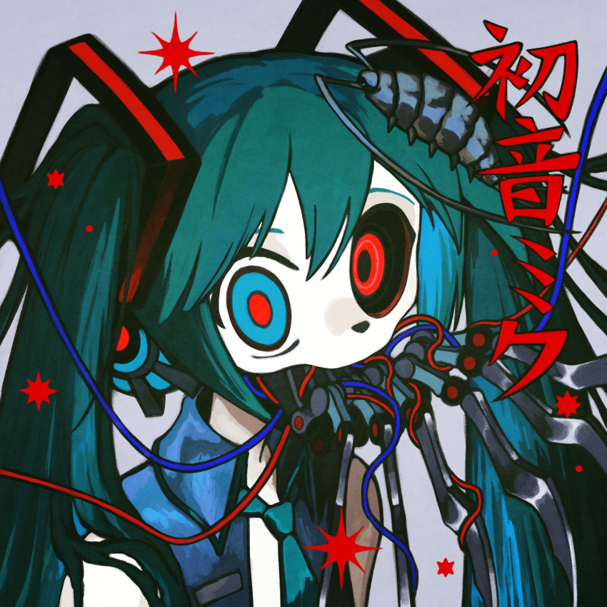 1girl absurdres android aqua_hair aqua_necktie bare_shoulders black_sclera blue_eyes blue_shirt bug ca_(maeda_koutarou) calne_ca character_name cockroach colored_sclera commentary_request cosplay grey_background hatsune_miku hatsune_miku_(cosplay) heterochromia highres insect_on_head korean_commentary long_hair looking_at_viewer mime_404 mismatched_sclera necktie open_clothes open_shirt red_eyes red_pupils shirt simple_background sleeveless sleeveless_shirt solo star_(symbol) translation_request twintails upper_body vocaloid