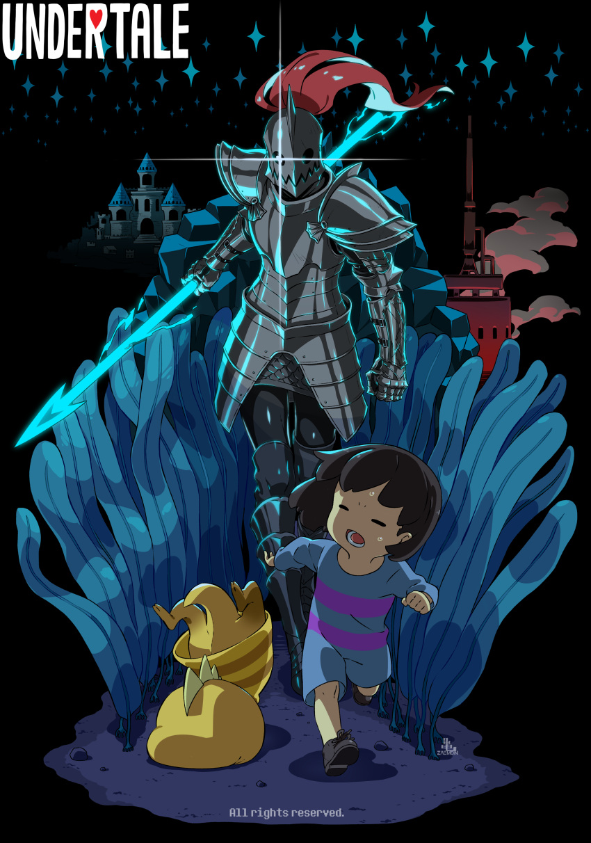 1girl 1other =_= absurdres androgynous armor black_background black_hair breastplate brown_footwear castle cel_shading chasing child clenched_hand closed_eyes cloud commentary copyright_name covered_face faceplant faulds frisk_(undertale) full_armor full_body gauntlets glint greaves helm helmet highres holding holding_polearm holding_weapon kamezaemon monster_kid_(undertale) open_mouth outdoors pauldrons polearm romper running shoes short_hair shoulder_armor simple_background sparkle spear sweat tripping undertale undyne weapon