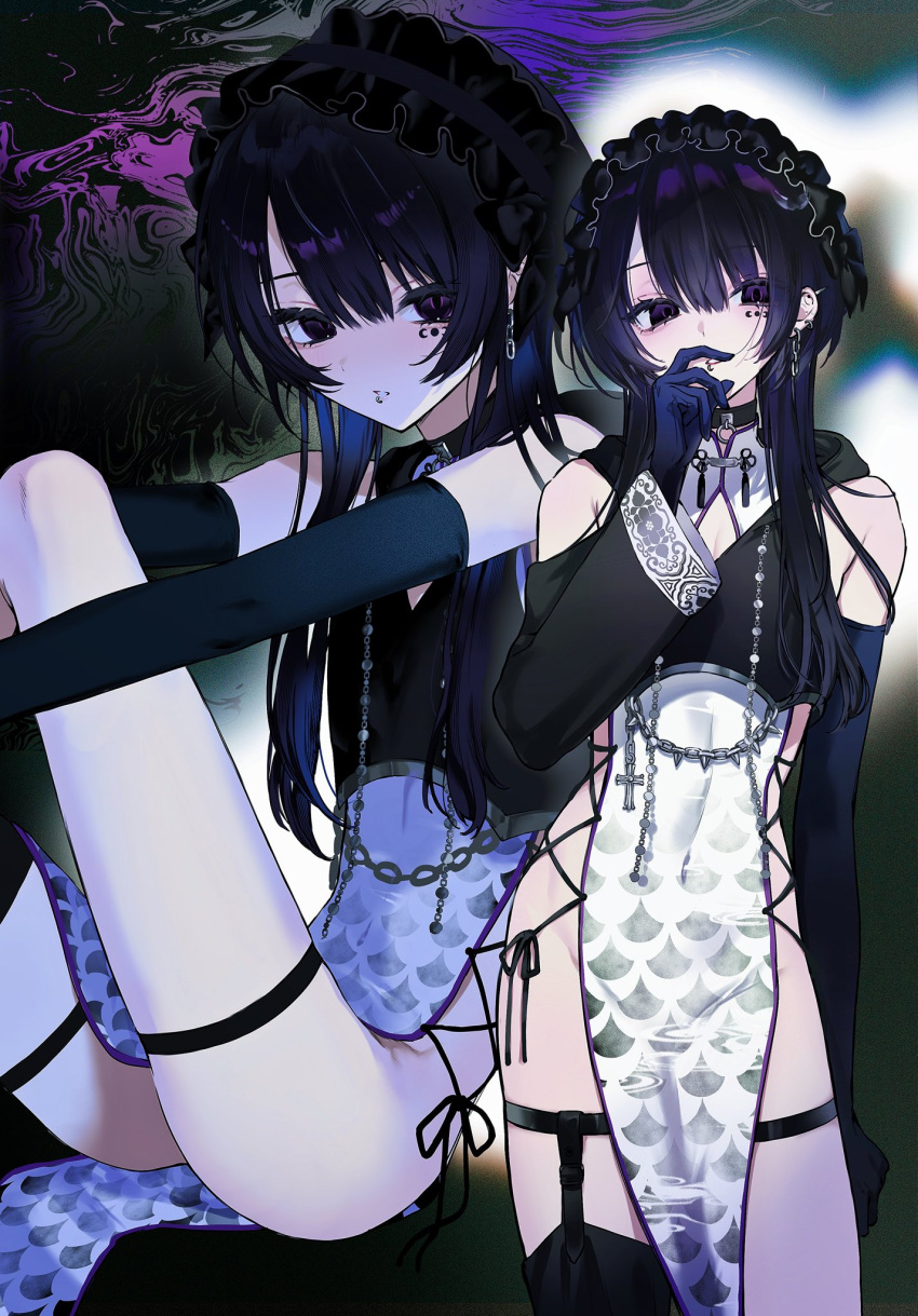 1boy black_bridal_gauntlets black_hair black_thighhighs bottomless bridal_gauntlets chain chain_earrings chinese_clothes choppy_bangs cleavage_cutout clothing_cutout cropped_legs cross-laced_clothes cross-laced_dress detached_sleeves ear_piercing facial_tattoo highres hooded_dress lip_piercing long_hair looking_at_viewer maid_headdress nekoyashiki_pushio original otoko_no_ko piercing purple_eyes sidelocks single_thighhigh sitting standing tattoo thigh_strap thighhighs