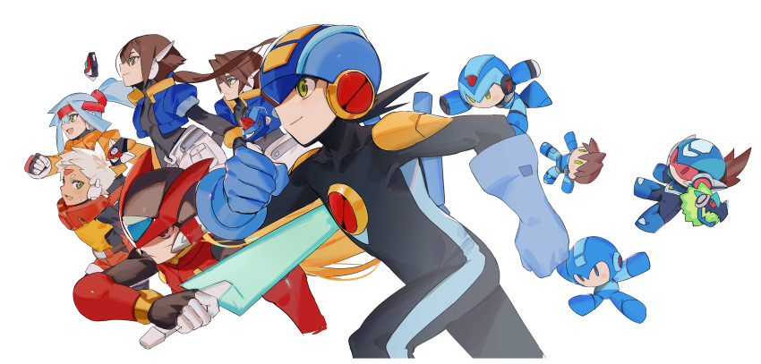 2girls 4boys aile_(mega_man_zx) android arm_cannon ashe_(mega_man) black_bodysuit blonde_hair blue_hair blue_jacket bodysuit bodysuit_under_clothes brown_hair commentary_request cropped_jacket energy_sword facial_mark fang forehead_jewel forehead_mark green_eyes grey_(mega_man) grey_hair helmet high_ponytail highres holding holding_sword holding_weapon jacket light_blue_hair long_hair mayutsuba_mono mega_man_(character) mega_man_(classic) mega_man_(series) mega_man_battle_network_(series) mega_man_legends_(series) mega_man_star_force mega_man_volnutt mega_man_x_(series) mega_man_zero_(series) mega_man_zx mega_man_zx_advent megaman.exe model_a_(mega_man) model_x_(mega_man) model_z_(mega_man) multiple_boys multiple_girls omega-xis_(mega_man) open_clothes open_jacket pants ponytail short_hair shorts skin_fang spiked_hair star_force_mega_man stuffed_toy sword vent_(mega_man) weapon white_pants white_shorts x_(mega_man) zero(z)_(mega_man) zero_(mega_man)