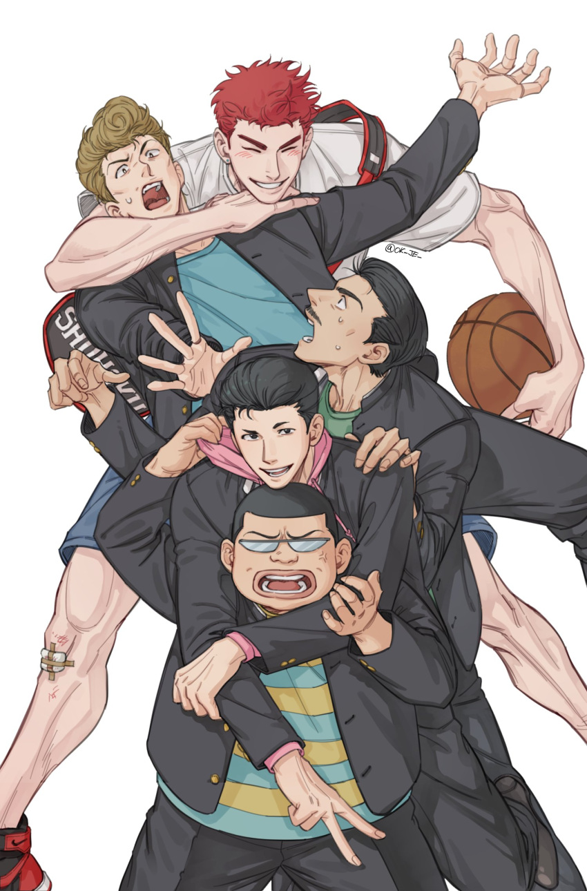 168broccoli 5boys arms_around_neck ball bandage_on_knee basketball_(object) black_hair black_jacket black_pants blonde_hair buzz_cut closed_eyes facial_hair feet_out_of_frame gakuran glasses hair_slicked_back highres holding holding_ball jacket leaning_forward looking_at_another looking_at_viewer male_focus mito_youhei multiple_boys mustache noma_chuuichirou ookusu_yuuji open_mouth pants pompadour red_hair sakuragi_hanamichi school_uniform short_hair simple_background slam_dunk_(series) smile sweatdrop takamiya_nozomi very_short_hair white_background
