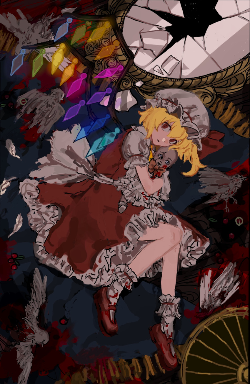 1girl blonde_hair broken_mirror crystal_wings dress flandre_scarlet frills full_body hat hat_ribbon highres mary_janes medium_hair mirror mob_cap red_dress red_eyes red_footwear ribbon shoes side_ponytail solo stuffed_animal stuffed_toy teddy_bear touhou user_kzpz2854