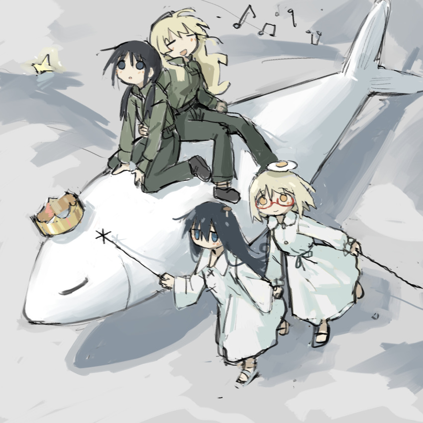 4girls beamed_eighth_notes black_eyes black_hair blonde_hair blue_eyes breasts chito_(shoujo_shuumatsu_ryokou) closed_eyes collared_dress crown dress eighth_note fish fried_egg highres holding_hands jitome long_hair long_sleeves low_twintails medium_breasts military_uniform multiple_girls mushroom mushroom_on_head musical_note object_on_head open_mouth pants riding sandals shimeji_simulation short_hair shoujo_shuumatsu_ryokou smile tsukishima_shijima tsukumizu_yuu twintails uniform wand wavy_hair white_dress yamashita_majime yuuri_(shoujo_shuumatsu_ryokou)