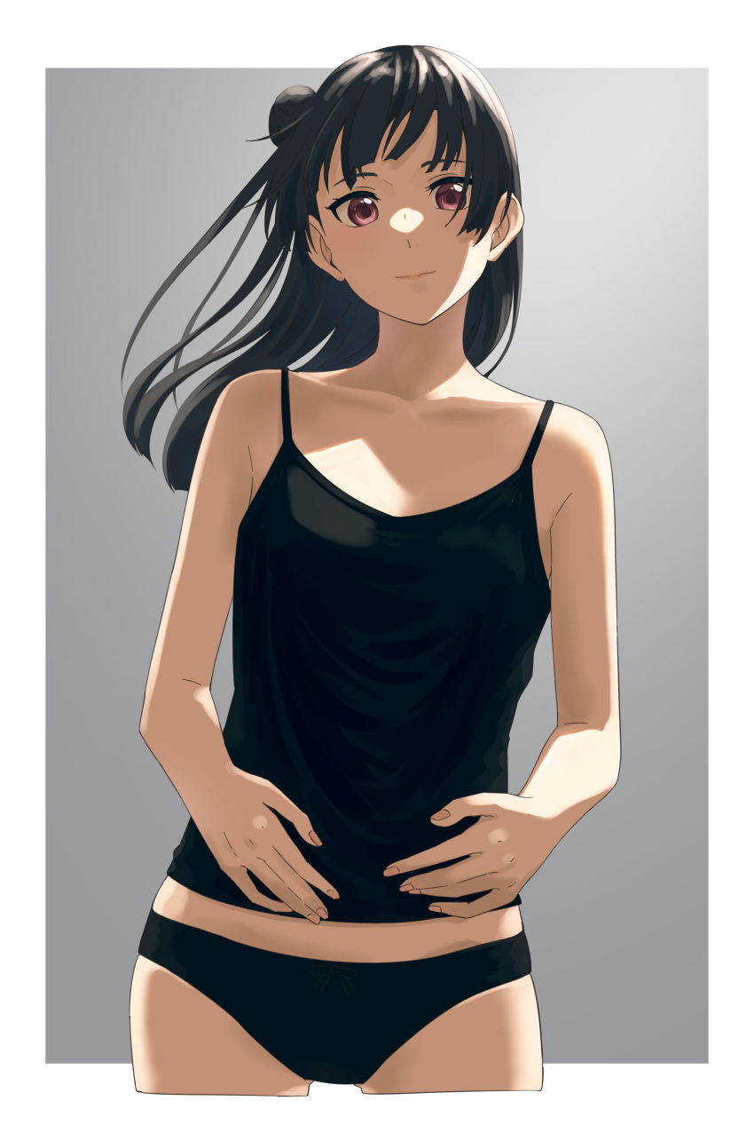 1girl absurdres black_camisole black_hair black_panties border camisole collarbone commentary cropped_legs english_commentary grey_background hair_bun head_tilt highres long_hair looking_at_viewer love_live! love_live!_sunshine!! outside_border panties purple_eyes red_eyes s_sho_mkrn sidelocks single_side_bun solo tsushima_yoshiko underwear upper_body white_border