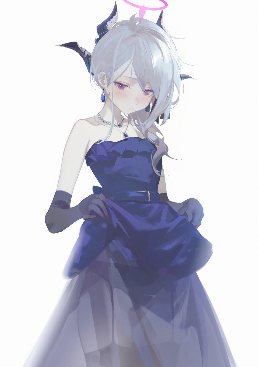 1girl absurdres bare_shoulders black_gloves blue_archive blue_dress blue_gemstone blush closed_mouth clothes_lift commentary_request dress dress_lift drive_shot earrings elbow_gloves garter_straps gem gloves grey_hair halo highres hina_(blue_archive) hina_(dress)_(blue_archive) horns jewelry lifted_by_self long_hair looking_at_viewer necklace pendant purple_eyes see-through see-through_dress simple_background sleeveless sleeveless_dress solo strapless strapless_dress underwear white_background