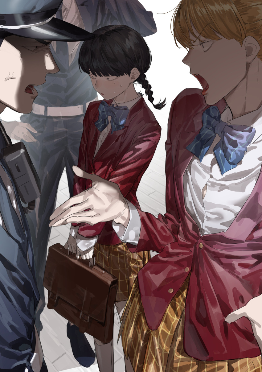 4boys absurdres anger_vein bag belt black_eyes black_hair blonde_hair blue_jacket blue_pants blue_ribbon braid braided_ponytail brown_skirt chamuring collared_shirt cowboy_shot crossdressing hand_up highres jacket kageyama_shigeo long_hair long_sleeves male_focus mob_psycho_100 multiple_boys neck_ribbon pants police police_uniform policeman profile red_jacket red_lips reigen_arataka ribbon school_bag shirt simple_background skirt standing sweatdrop uniform v-shaped_eyebrows white_background white_belt white_shirt