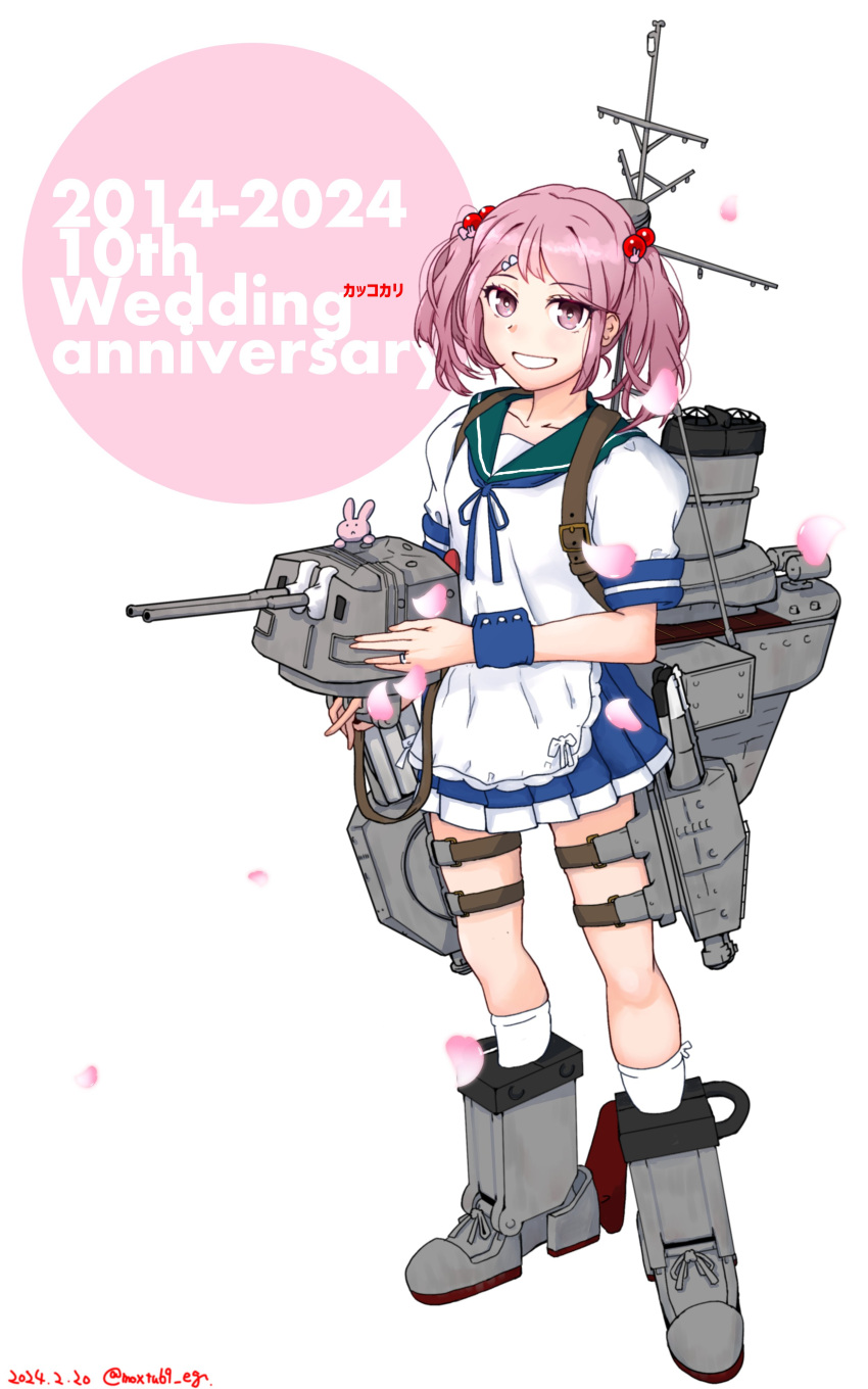 1girl absurdres adapted_turret anniversary apron blue_neckerchief blue_sailor_collar blue_skirt cannon frilled_apron frills full_body grin hair_bobbles hair_ornament highres kantai_collection looking_at_viewer machinery mast miniskirt moxtu69_eg neckerchief pink_eyes pink_hair pleated_skirt rabbit sailor_collar sazanami_(kancolle) school_uniform serafuku short_hair simple_background skirt smile smokestack standing torpedo_launcher turret twintails waist_apron white_apron white_background