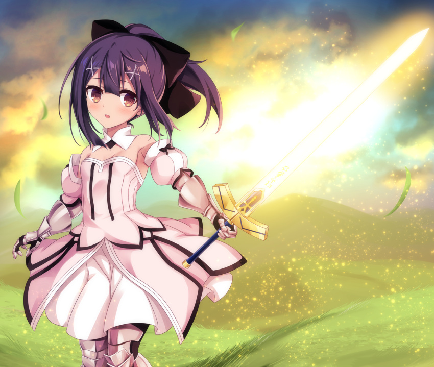 1girl armor armored_dress artoria_pendragon_(fate) black_hair black_thighhighs blush breasts brown_eyes cleavage commentary_request cosplay dot_nose dress excalibur_(fate/stay_night) fate/kaleid_liner_prisma_illya fate_(series) grass hair_ornament hairclip highres holding holding_sword holding_weapon leg_armor long_hair looking_at_viewer miyu_edelfelt morokoshi_(tekku) open_mouth outdoors puffy_sleeves revision saber_lily saber_lily_(cosplay) sidelocks small_breasts solo standing strapless sword thighhighs weapon white_dress x_hair_ornament