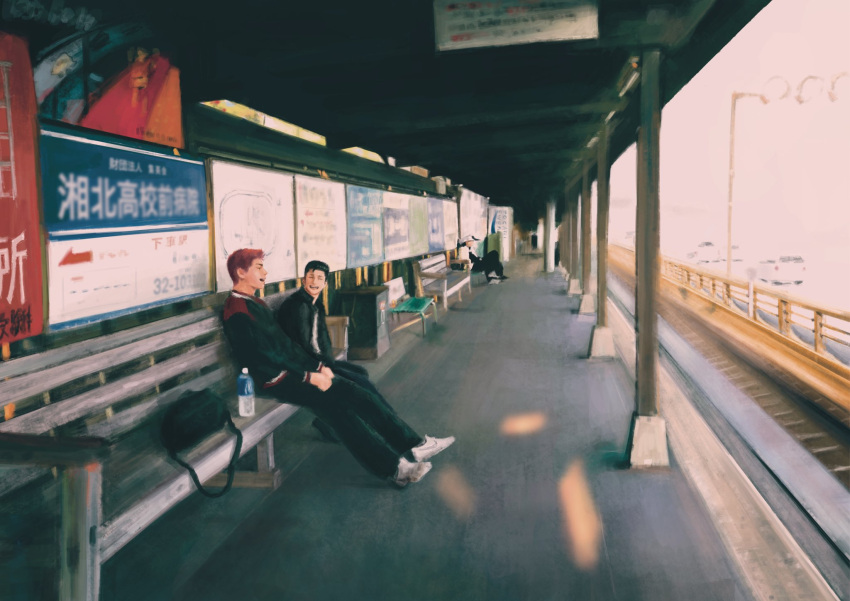 2boys bench black_hair day full_body gakuran highres k05062688 male_focus mito_youhei multiple_boys outdoors pompadour railroad_tracks red_hair sakuragi_hanamichi school_uniform sitting slam_dunk_(series) smile train_station