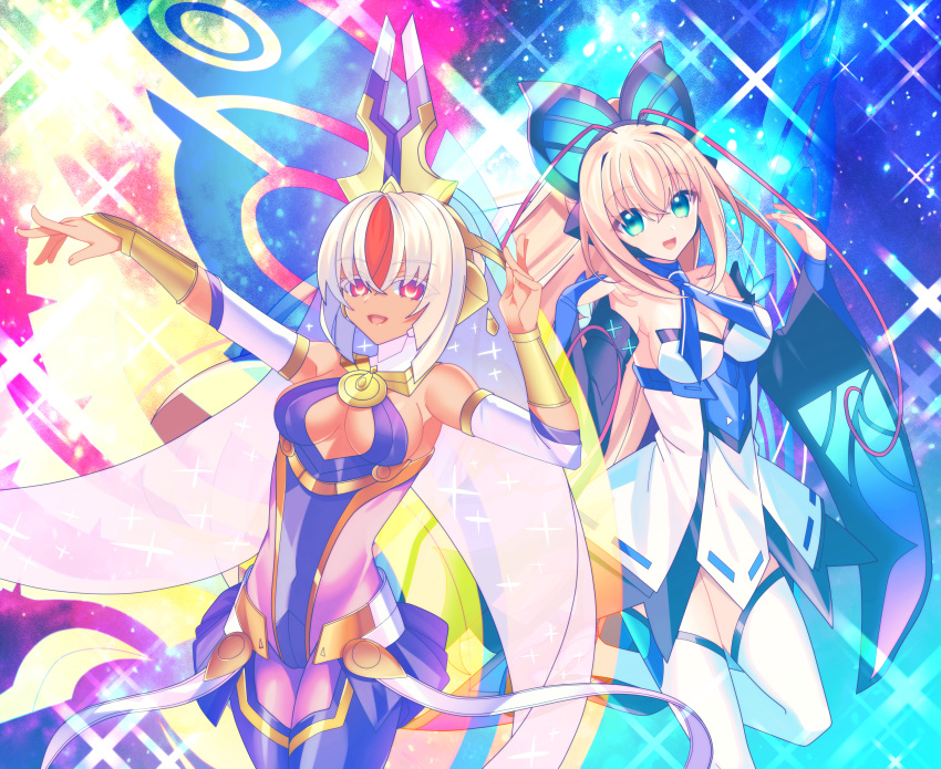 2girls absurdres antenna_hair azure_striker_gunvolt azure_striker_gunvolt_3 blonde_hair breasts butterfly_hair_ornament cleavage dark-skinned_female dark_skin dress energy_wings green_eyes hair_ornament highres idol lololotton long_hair lumen_(gunvolt) luxia_(gunvolt) multiple_girls pink_hair red_eyes short_hair thighhighs veil white_dress white_thighhighs