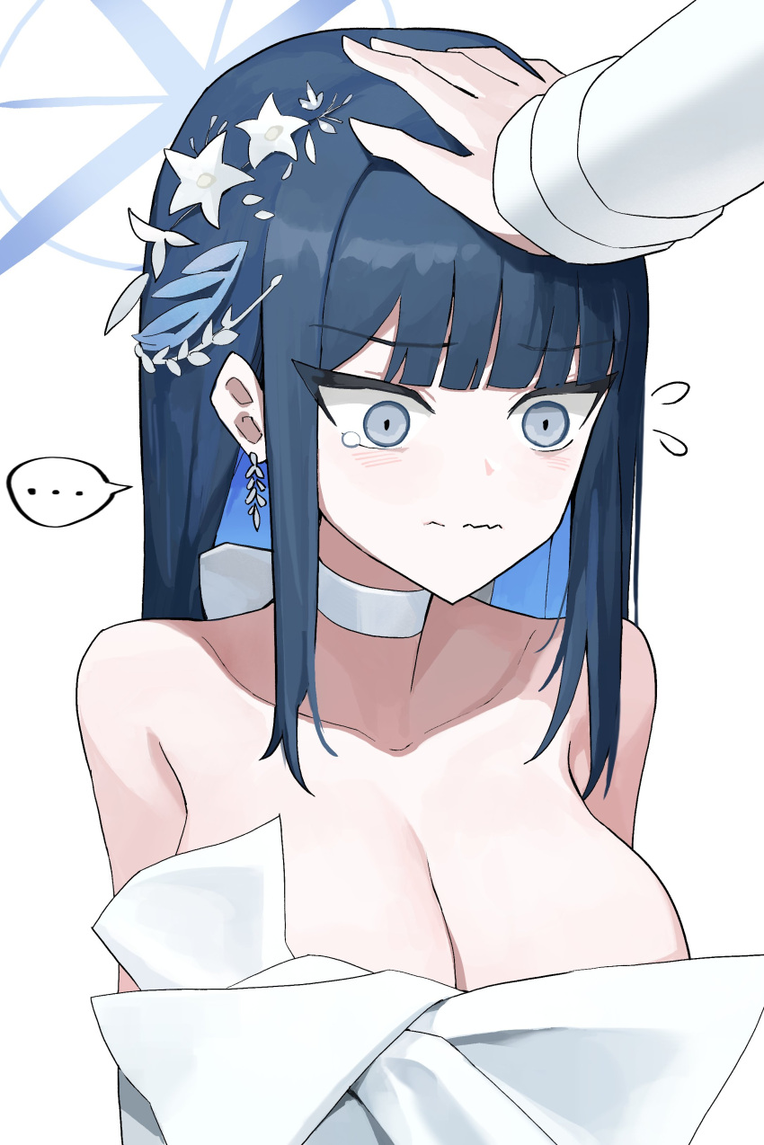 1girl absurdres blue_archive blue_eyes blue_hair breasts choker cleavage dra_(dhra_a) dress earrings hashtag_only_commentary headpat highres jewelry long_hair long_sleeves saori_(blue_archive) saori_(dress)_(blue_archive) shirt simple_background speech_bubble upper_body white_background white_choker white_dress white_shirt