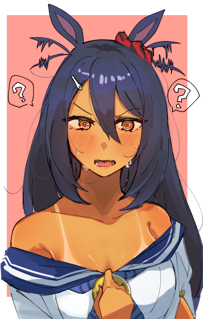 1girl ? @_@ absurdres animal_ears arlcn_(arlcn_1115) bare_shoulders blue_hair blush border brown_eyes collarbone commentary_request dark-skinned_female dark_skin ear_ornament ear_scrunchie hair_between_eyes highres hishi_amazon_(umamusume) horse_ears horse_girl long_hair looking_at_viewer off-shoulder_shirt off_shoulder pink_background red_scrunchie scrunchie shirt simple_background solo spoken_question_mark tan tanlines umamusume upper_body white_border white_shirt