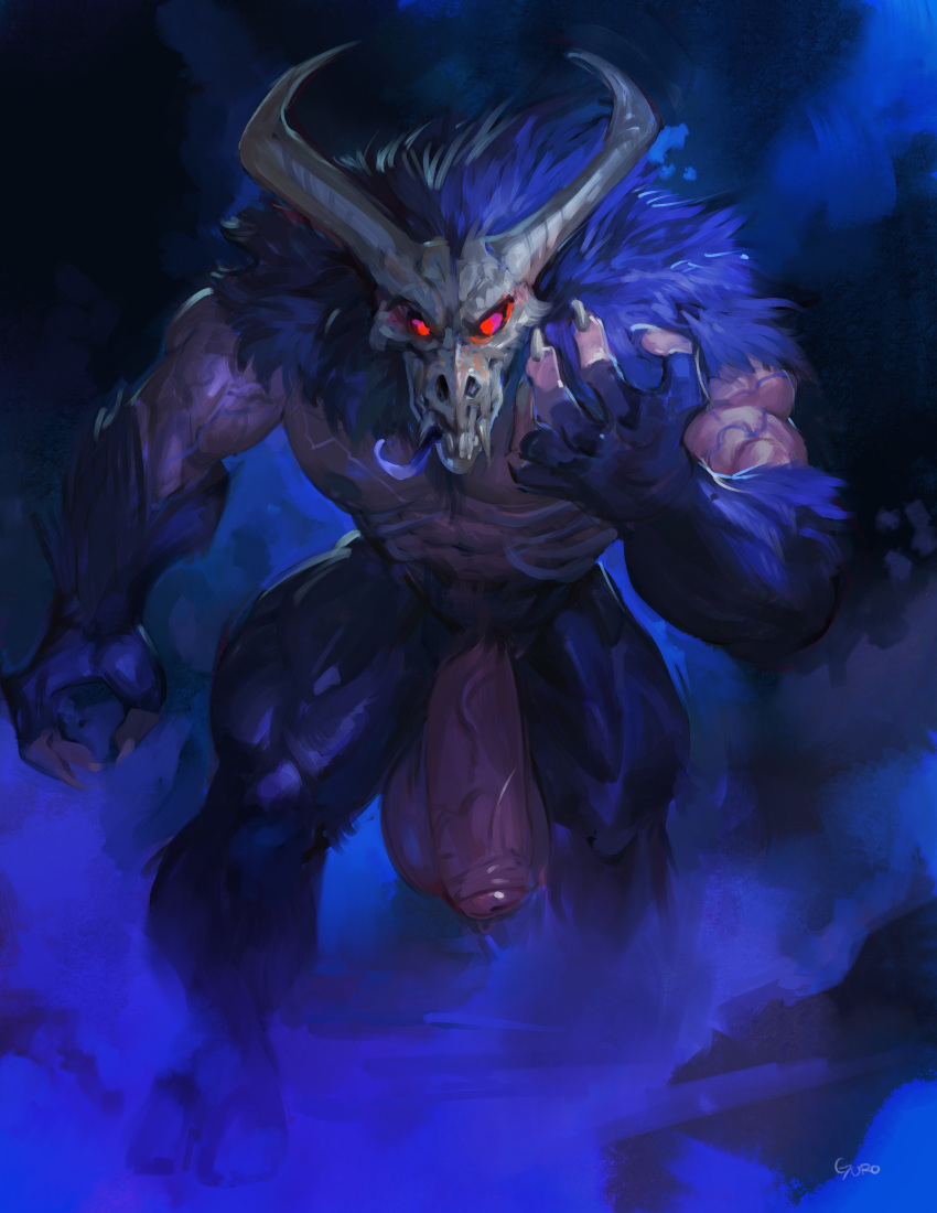 2_horns 5_fingers abs absurd_res balls barazoku biceps big_balls big_fangs big_penis black_claws bone claws curved_horn demon detailed fingerless_(marking) fingerless_gloves_(marking) fingers fog foreskin fur genitals gloves_(marking) glowing glowing_eyes goroguro hi_res horn huge_balls huge_penis humanoid inviting_to_sex male markings muscular muscular_humanoid muscular_male night nude pecs penis purple_body purple_fur red_eyes shaded skull skull_head solo tongue tongue_out vein veiny_muscles veiny_penis walking_towards_viewer