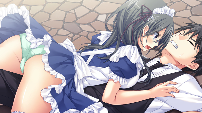 1girl ass black_hair blue_eyes blush breasts clenched_teeth eyes_closed game_cg glasses green_panties highres large_breasts lautes_alltags legs long_hair lying maid maid_headdress on_stomach open_mouth panties sorai_shin'ya sorai_shin'ya teeth thighs underwear