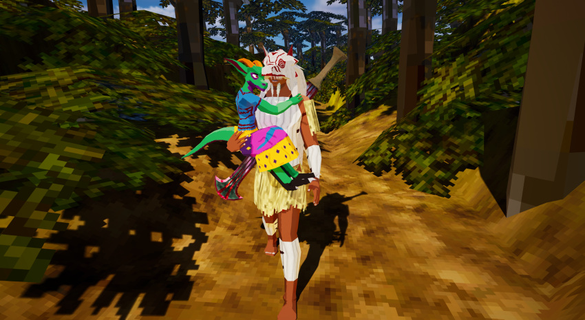 3d_(artwork) absurd_res ambiguous_gender animal_mask anthro carrying_another carrying_partner claws clothed clothing digital_media_(artwork) duo forest hair hi_res horn human humanoid kobold kobold_dellarte kret low_poly mammal mask outside plant reptile scalie size_difference standing tail tree