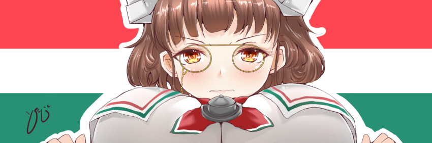 1girl breasts brown_hair closed_mouth eyewear_strap glasses huge_breasts impossible_clothes impossible_shirt italian_flag kantai_collection neckerchief orange_eyes pince-nez red_neckerchief roma_(kancolle) shirt short_hair solo tokiziku upper_body wavy_mouth white_shirt yellow-framed_eyewear