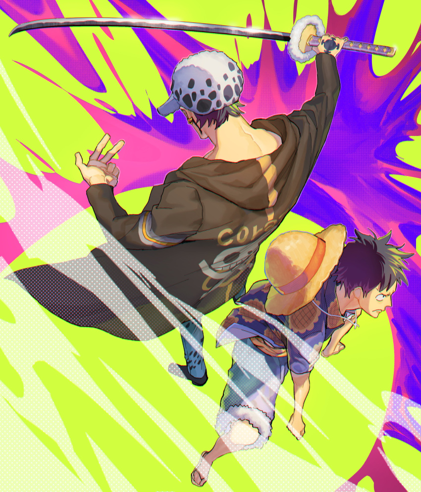 2boys absurdres back black_hair blue_shorts dareka_25 earrings floral_print from_above full_body green_background hand_tattoo hat highres holding holding_sword holding_weapon hood hooded_coat jewelry long_sleeves looking_ahead male_focus monkey_d._luffy multiple_boys one_piece pants profile shirt short_hair short_sleeves shorts sideburns smoke straw_hat sword tattoo trafalgar_law weapon