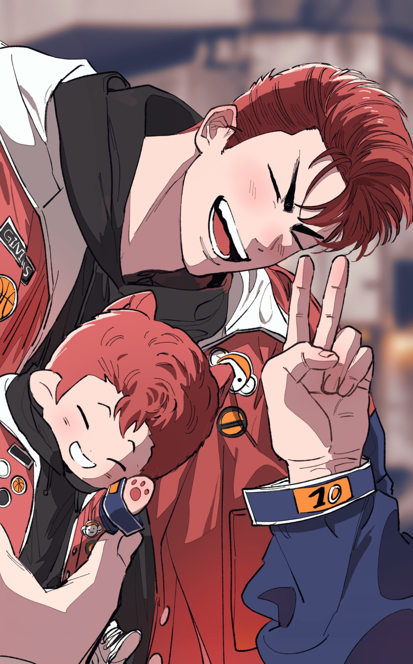 1boy blush character_doll closed_eyes highres male_focus nongdon out_of_frame red_hair sakuragi_hanamichi short_hair slam_dunk_(series) smile solo_focus upper_body v