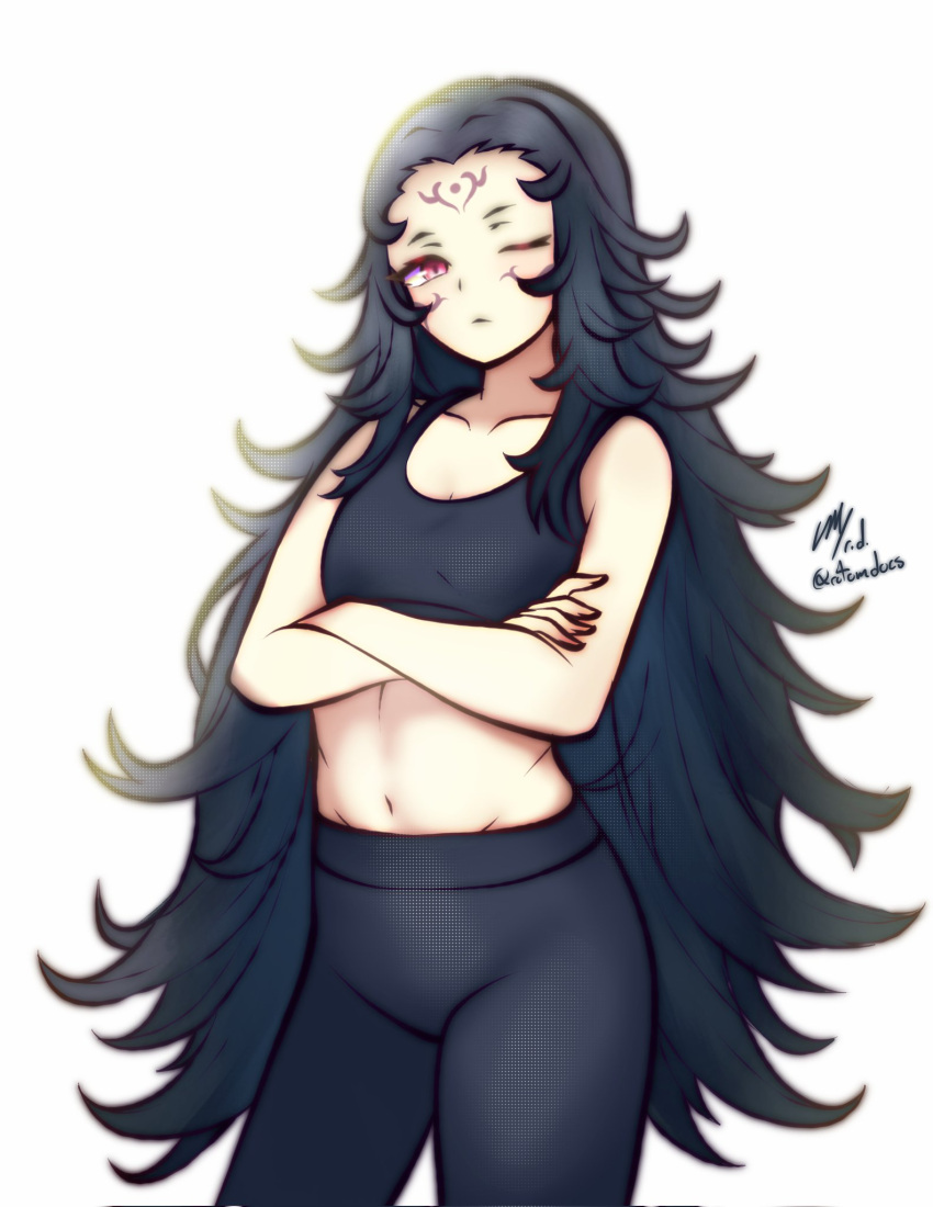 1girl black_hair black_pajamas black_sports_bra breasts crop_top facial_mark fire_emblem fire_emblem_fates highres long_hair looking_at_viewer navel nyx_(fire_emblem) one_eye_closed pajamas red_eyes rotomdocs small_breasts solo sports_bra sportswear