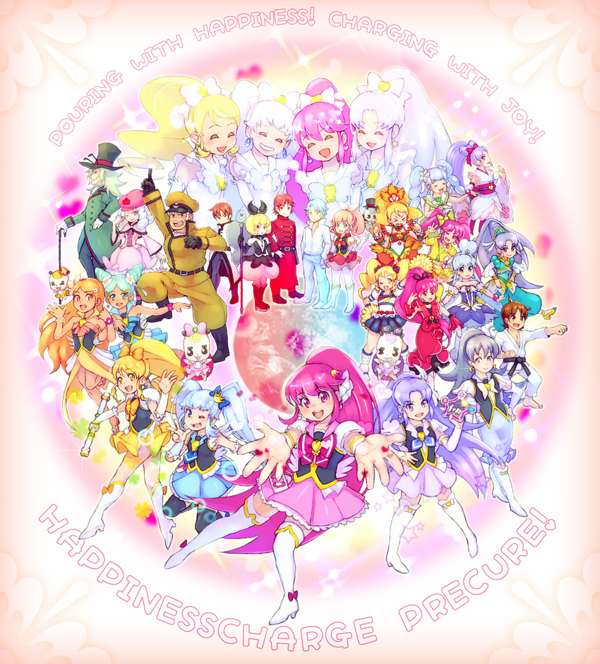 6+girls :d aino_megumi alternate_form anmitsu_komachi antennae arabian_clothes beret black_gloves blonde_hair blue_(happinesscharge_precure!) blue_eyes blue_hair blue_skirt blush boots bow bow_by_hair brooch brown_eyes brown_hair cheerleader cherry_flamenco choker coconut_samba crown cure_fortune cure_honey cure_lovely cure_mirage cure_princess cure_sunset cure_tender cure_wave detached_sleeves double_bun dress earrings elbow_gloves english everyone eyelashes flower formal fortune_tambourine frills gloves green_eyes green_hair gurasan_(happinesscharge_precure!) haidoro hair_bow hair_bun hair_flower hair_ornament hair_ribbon happinesscharge_precure! hat heart heart_hair_ornament highres hikawa_iona hikawa_maria hosshiwa innocent_form_(happinesscharge_precure!) japanese_clothes jewelry knee_boots lollipop_hip_hop long_hair looking_at_viewer macadamia_hula_dance magical_girl multiple_boys multiple_girls namakeruda ohana_(happinesscharge_precure!) oomori_yuuko open_mouth orange_hair oresky orina_(happinesscharge_precure!) outstretched_arms pants pantyhose phanphan_(happinesscharge_precure!) phantom_(happinesscharge_precure!) pine_arabian pink_bow pink_eyes pink_hair pink_hat pink_skirt ponytail popcorn_cheer precure purple_eyes purple_hair queen_mirage red_(happinesscharge_precure!) red_dress red_eyes red_flower red_hair red_rose ribbon ribbon_(happinesscharge_precure!) ringlets rose sagara_seiji samba sherbet_ballet shirayuki_hime short_hair skirt smile star star_earrings striped striped_legwear suit text_focus thighhighs time_paradox top_hat twintails uniform very_long_hair white_gloves white_legwear wide_ponytail wrist_cuffs yellow_eyes yellow_skirt zettai_ryouiki