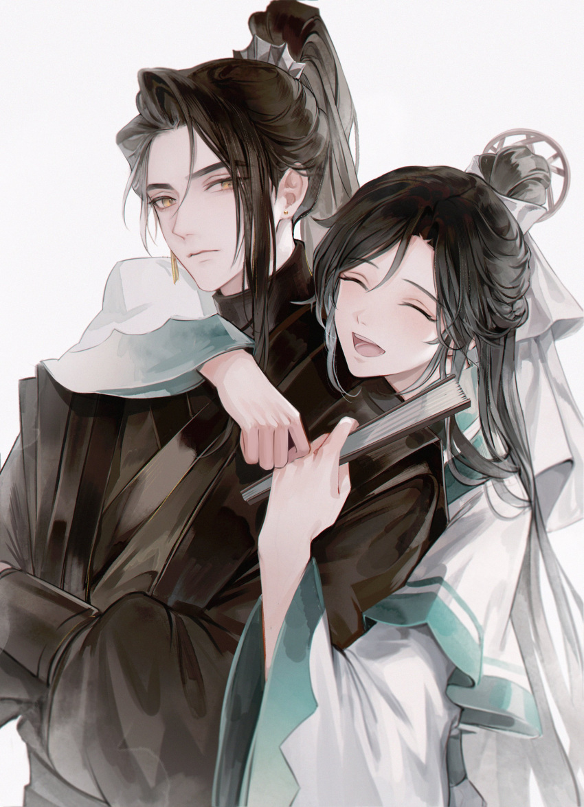 1boy 1girl absurdres black_hair black_hanfu chinese_clothes closed_eyes crossed_arms earrings folding_fan hair_bun hand_fan hanfu high_ponytail highres holding holding_fan hug jewelry long_sleeves looking_at_another ming_yi open_mouth shi_qingxuan smile tassel tassel_earrings tianguan_cifu white_background white_hanfu wide_sleeves yellow_eyes young57440489