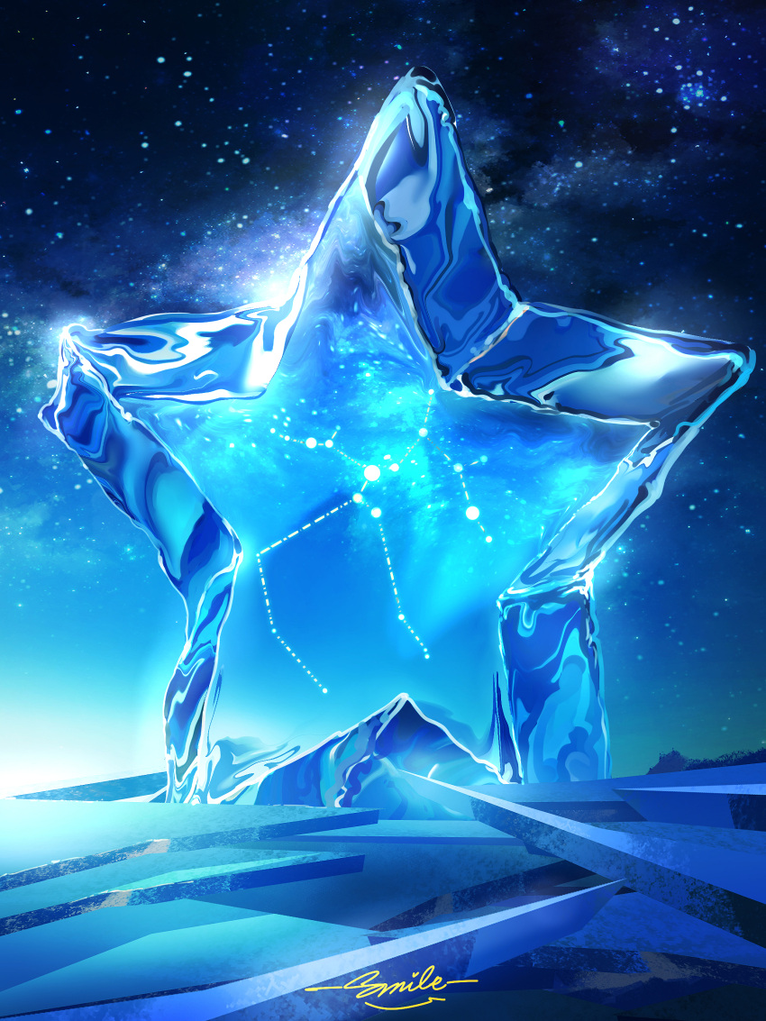 absurdres artist_name commentary constellation highres ice night night_sky no_humans original outdoors sagittarius_(constellation) scenery sky smile_(qd4nsvik) star_(sky) star_(symbol) starry_sky
