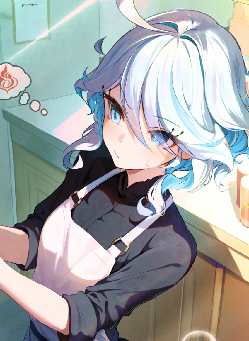 1girl alternate_costume apron black_shirt blue_eyes blue_hair commentary_request cowlick from_above furina_(genshin_impact) genshin_impact highres indoors lumo_1121 multicolored_hair shirt sleeves_rolled_up two-tone_hair white_apron white_hair window